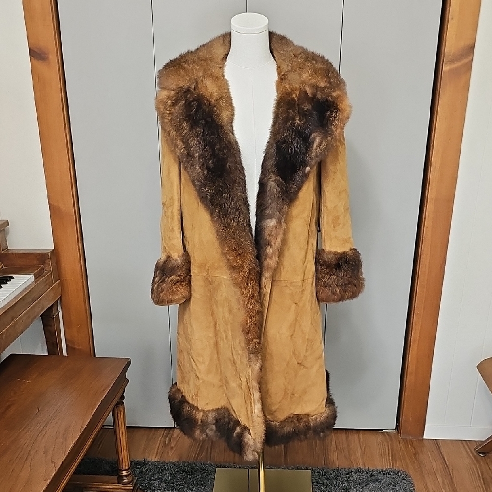 Vtg Camel Faux Fur-Trimmed Leather Coat Womens 14 Penny Lane 70s Afghan Hippie